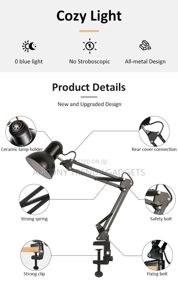 Metal Swing Arm Desk Lamp With Clamp & Base Adjustable Light - thumbnail 4