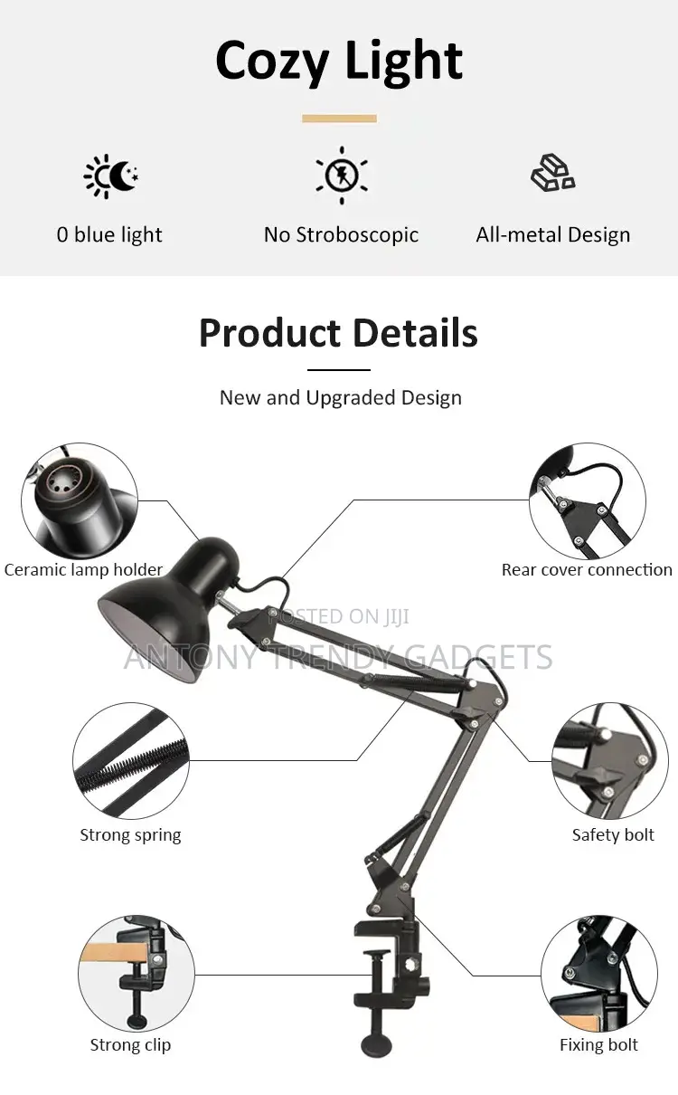 Metal Swing Arm Desk Lamp With Clamp & Base Adjustable Light