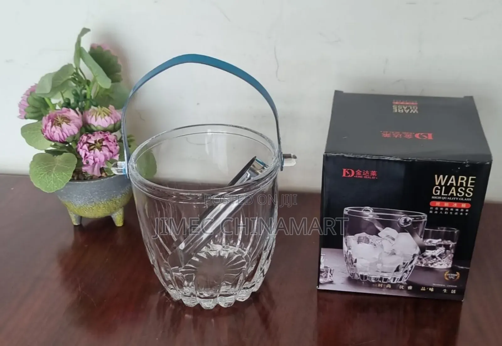1l Heavy Glass Ice Cube Bucket With Stainless Steel Handle