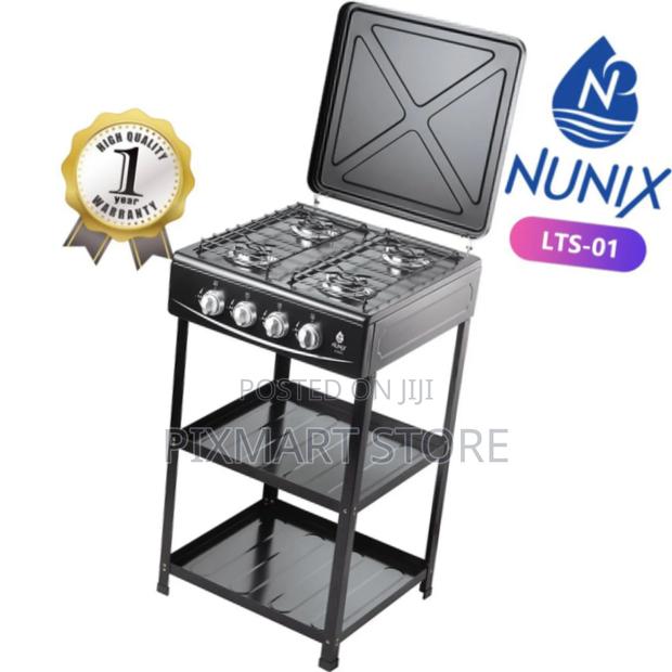 Nunix 4-Burner Gas Cooker With Storage Shelves – Durable Spacious"
