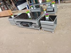 Table + 2 Stools Gray Marble Top Black + Tv Stand - main view