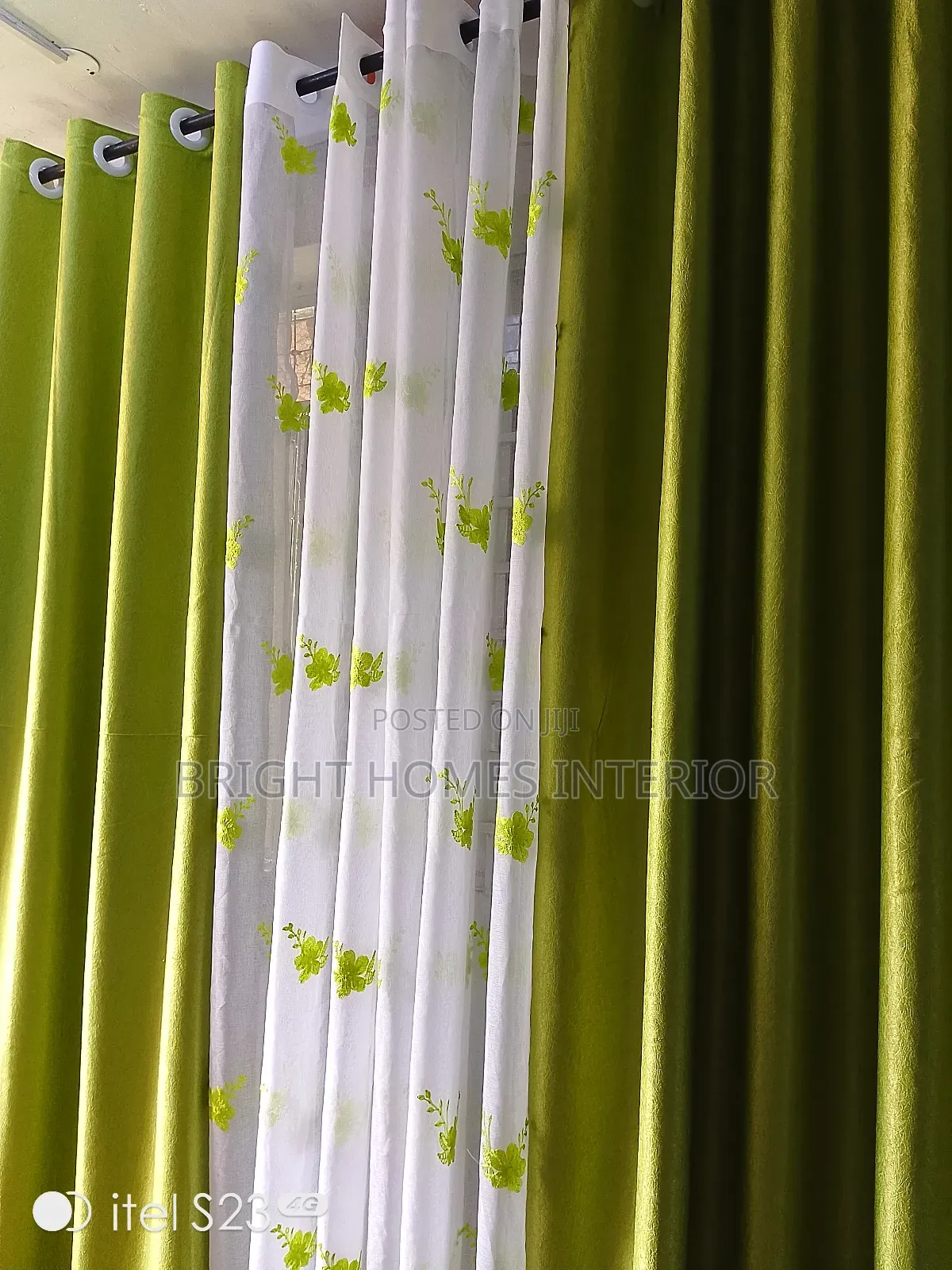 Green Curtain With Floral Matching Sheer