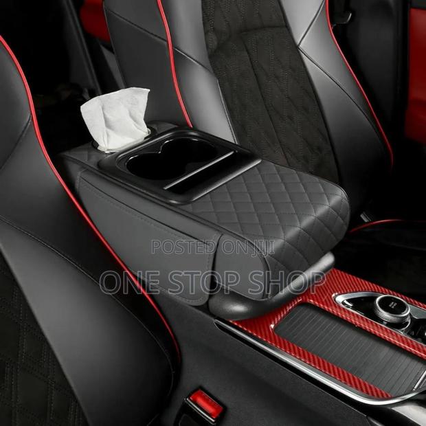 Black Leather Armrest Cushion With Cup/Phone Holder,Tissue Dispenser