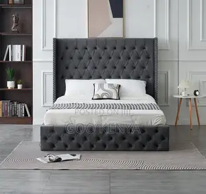Home Bed;Button-Tufted Wing Storage Bed With Wooden Frame and Gas Lift