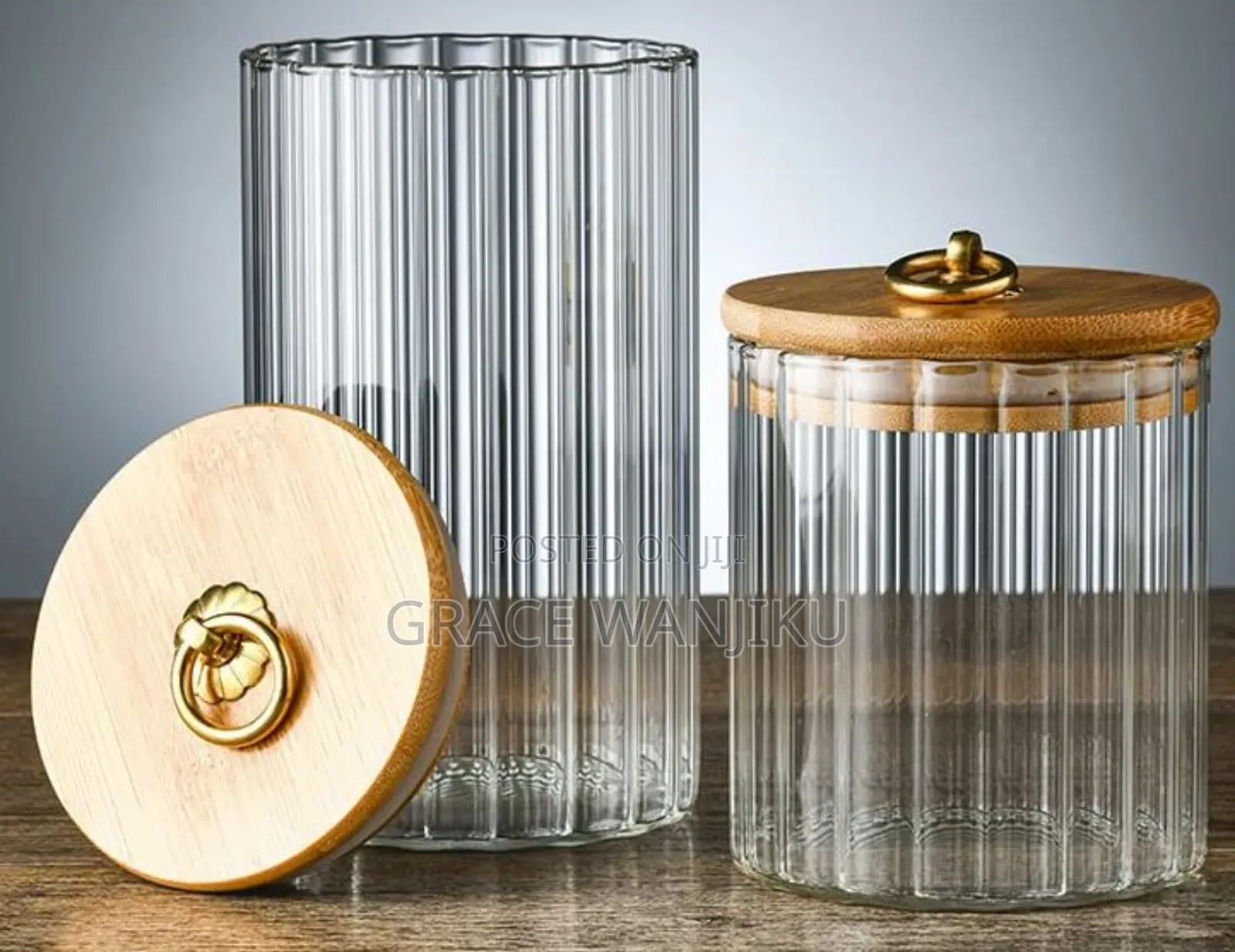 Glass Container Bamboo Lid With Golden Pull Ring *