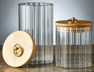 Glass Container Bamboo Lid With Golden Pull Ring *