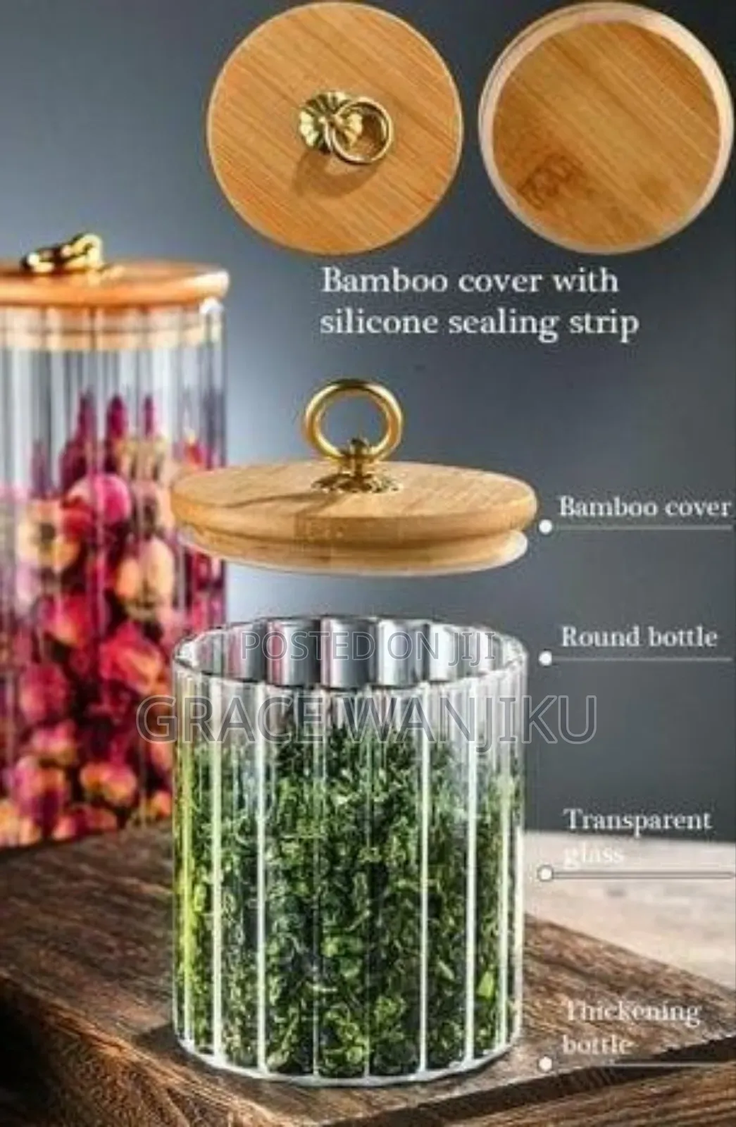 Glass Container Bamboo Lid With Golden Pull Ring *