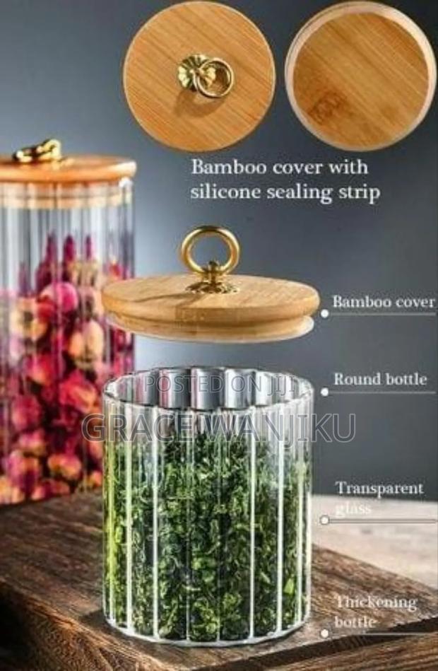 Glass Container Bamboo Lid With Golden Pull Ring * - thumbnail 3