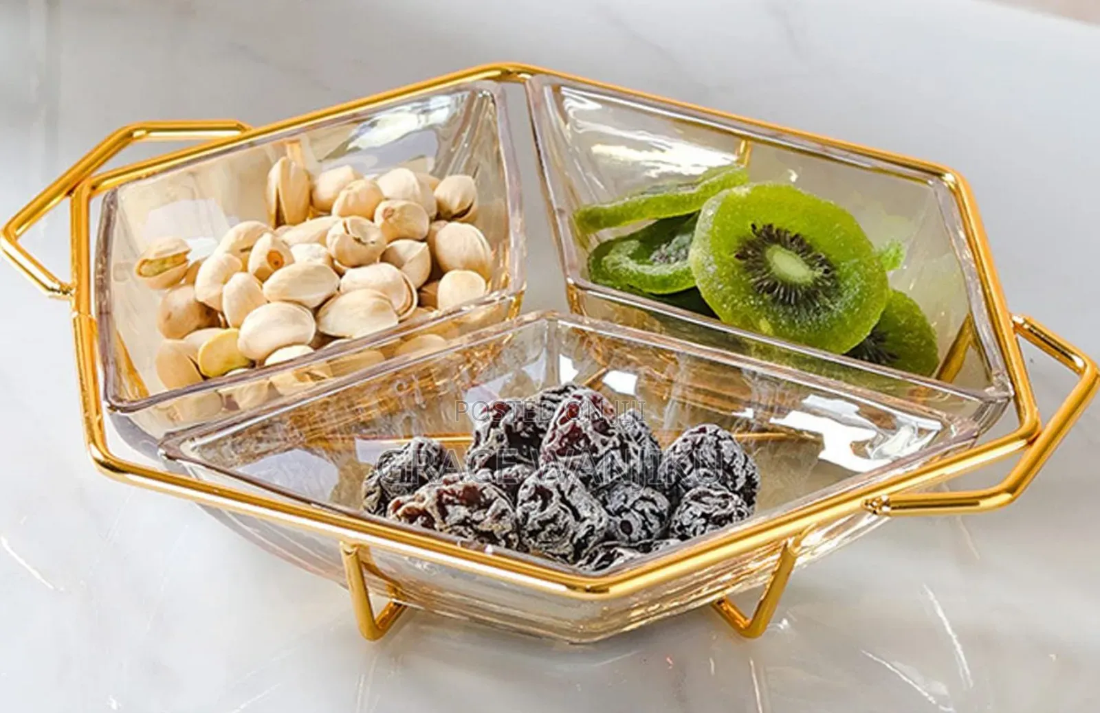 Diamond Shaped Acrylic Dish on Metallic Golden Frame Nut