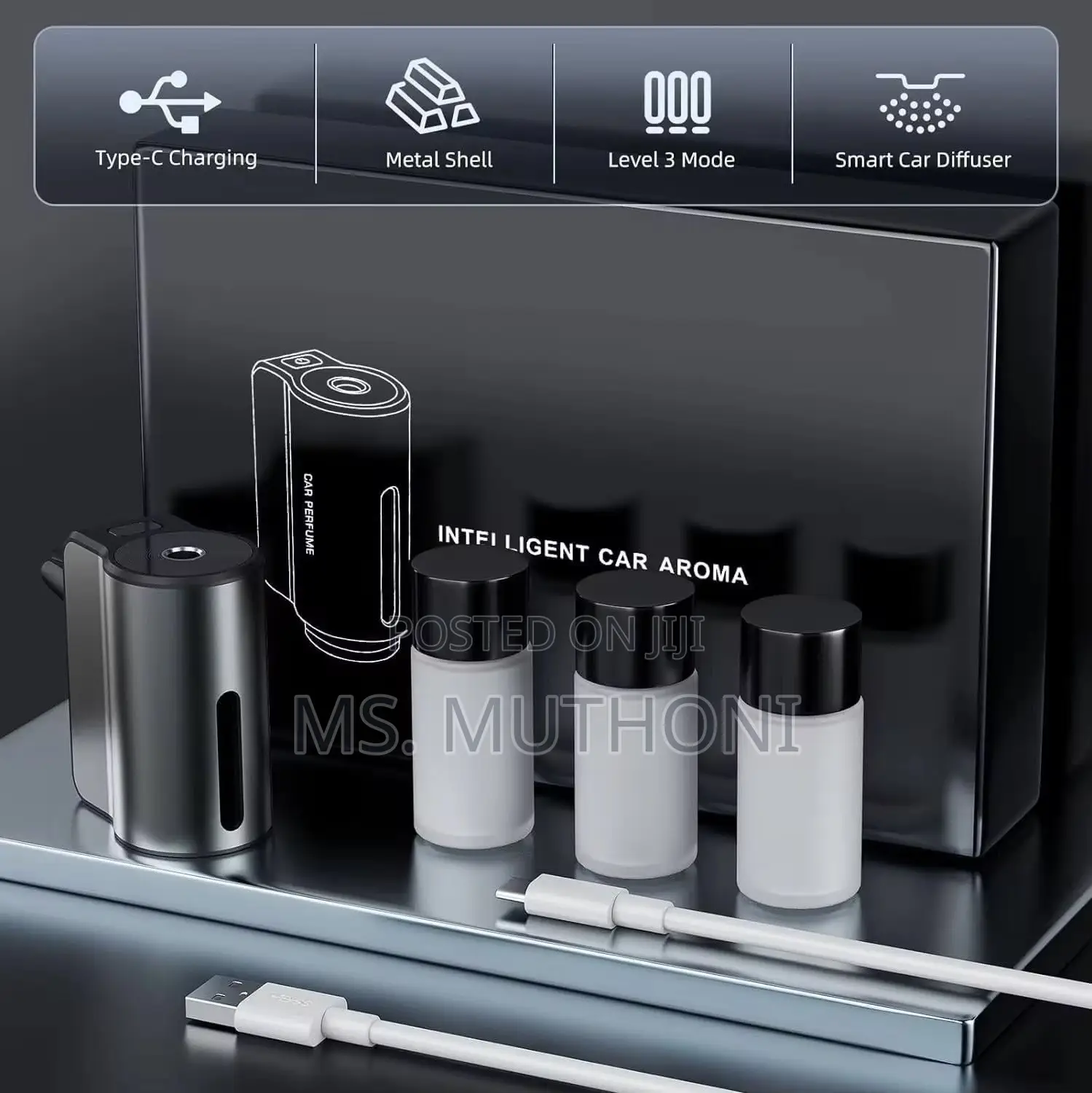 Smart Car Aroma Diffuser + 3 Refill Bottles and Usb Charging Cable.