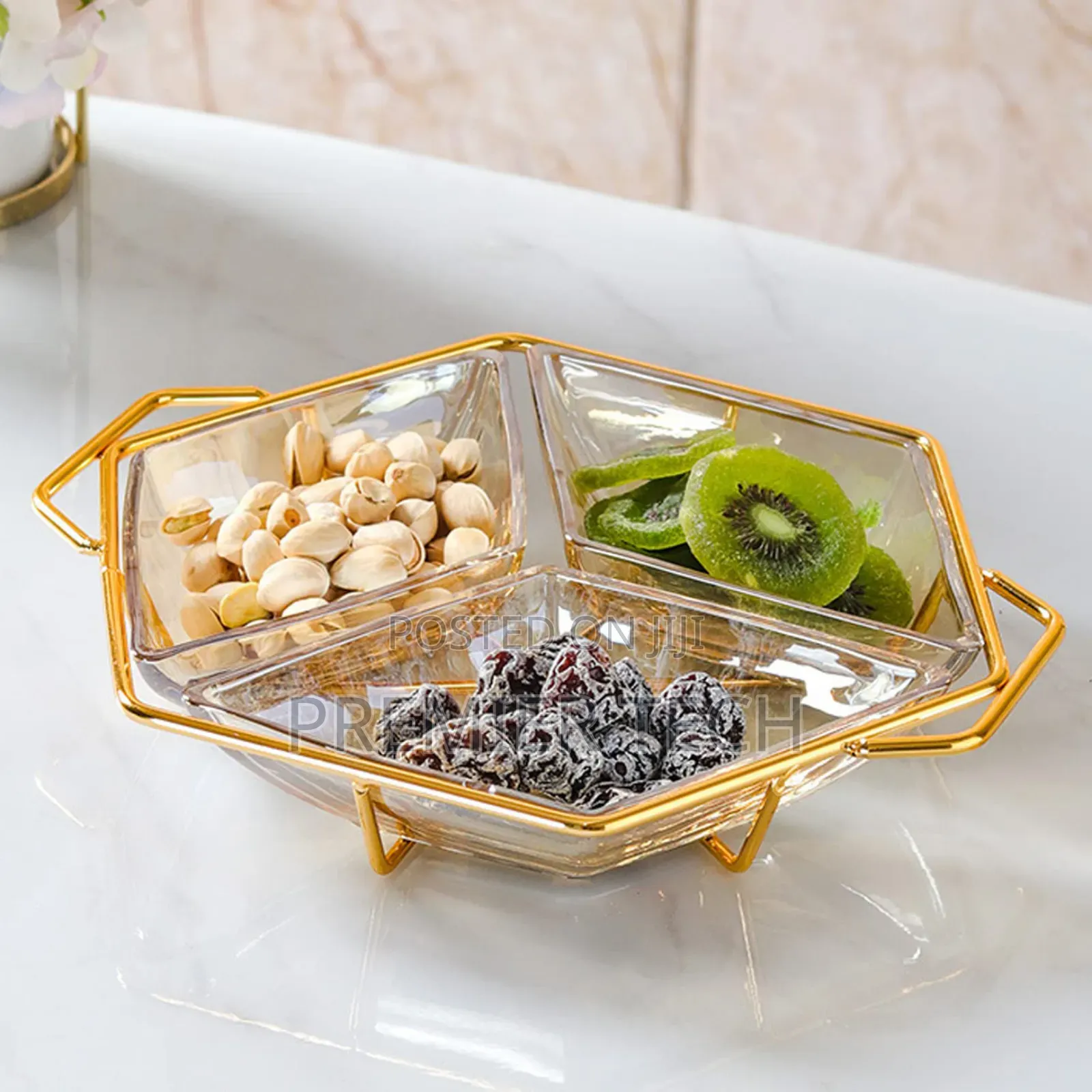 Diamond Shaped Acrylic Dish on Metallic Golden Frame