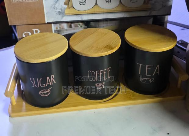3 PCS Set 800 Ml Canister Ceramic With Bamboo Stand - main view