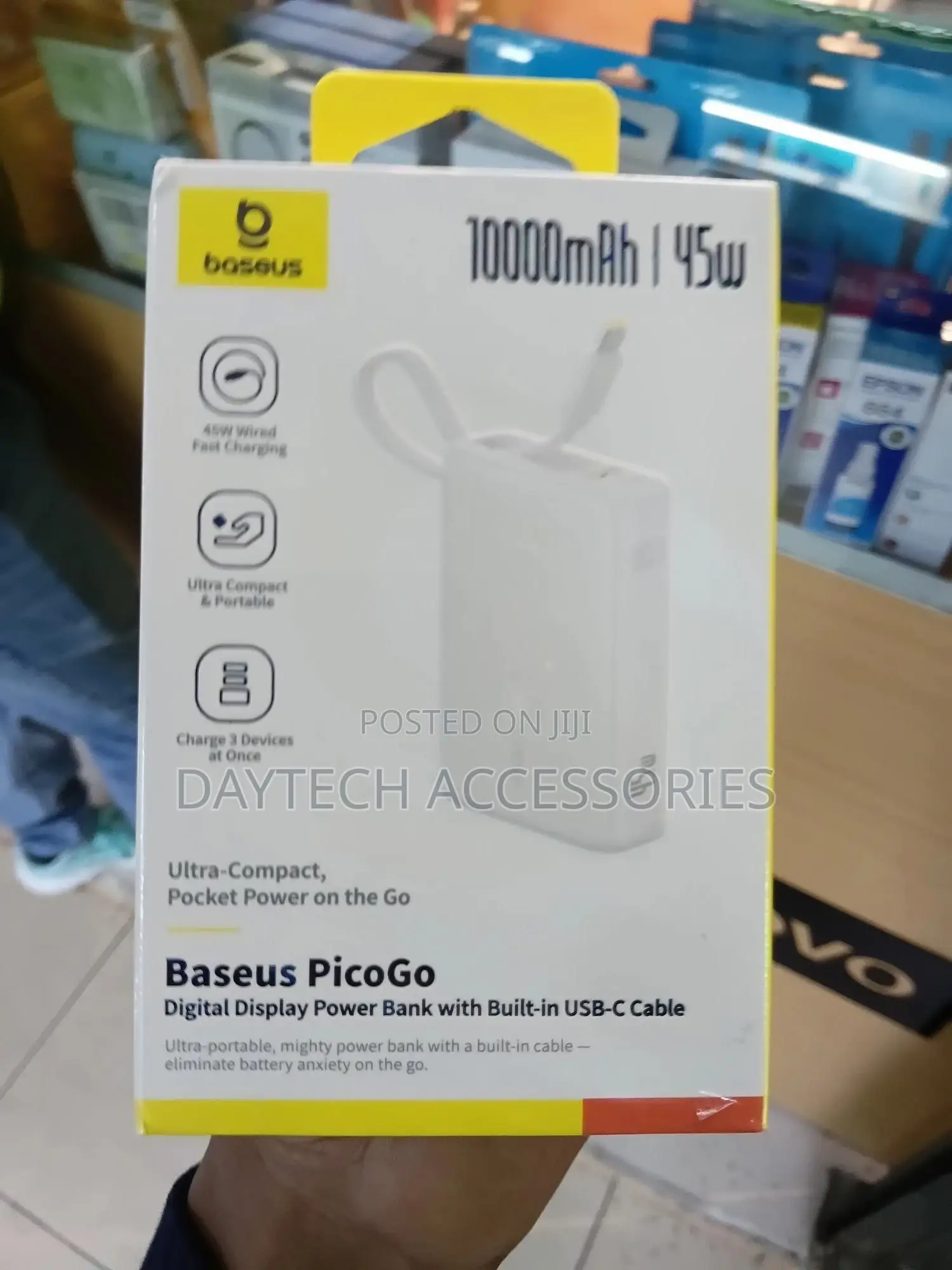 Baseus Picogo 10,000 Mahpower Bank With a Built-in Usb-C Cable.