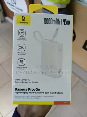 Baseus - Picogo 10000mah 45w Power Bank Built-in Usb-C Cable 3 Outputs
