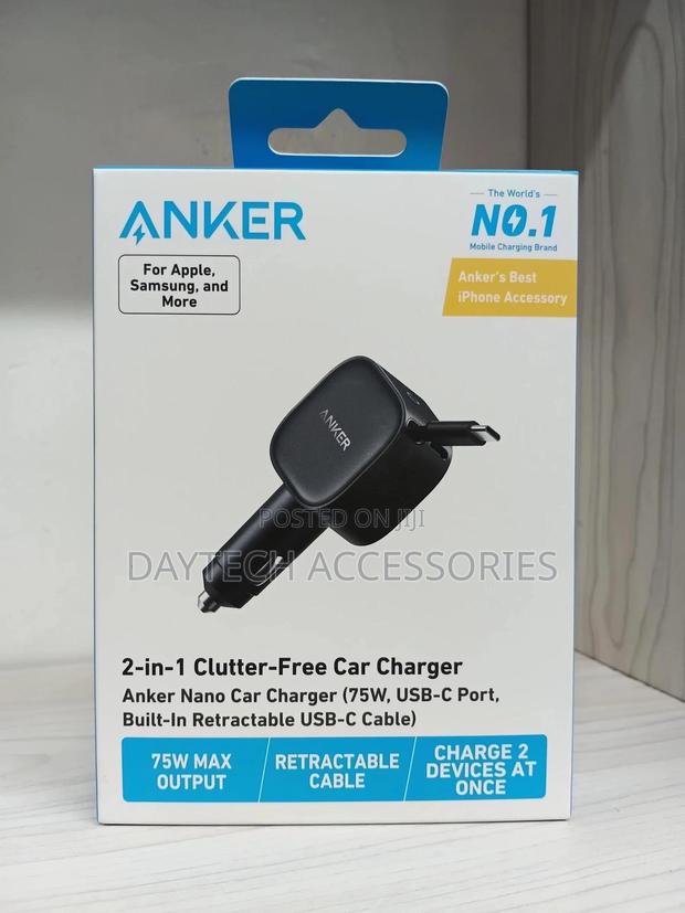 Anker Nano Car Charger 75w Usb-C Port Built-in Retractable Usb-C Cable
