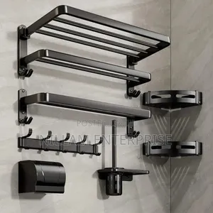 *7pcs Black Multifunctional Bath Towel Storage Rack