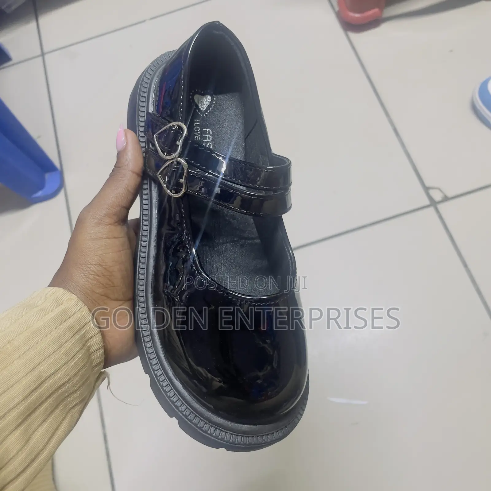 Girls Black Wetlook School Shoes 26-37