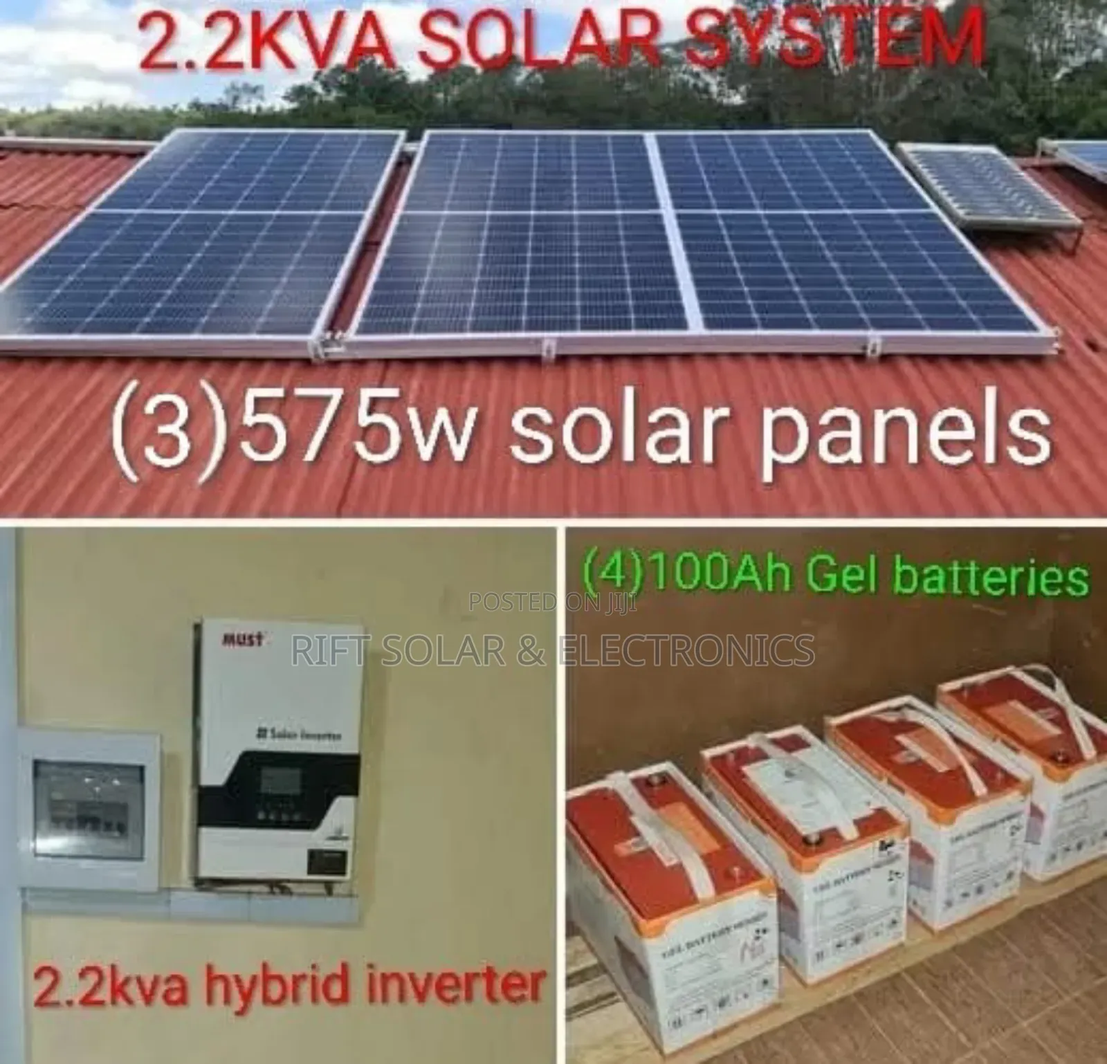 2.2kva Hybrid Inverter -(3)575w Solar Panels - (4)100ah Gel Batteries
