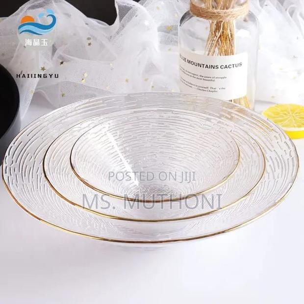 3pc Set Transparent Glass Plate Golden Edge Fruit Salad Dessert
