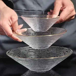 3pc Set Transparent Glass Plate Golden Edge Fruit Salad Dessert