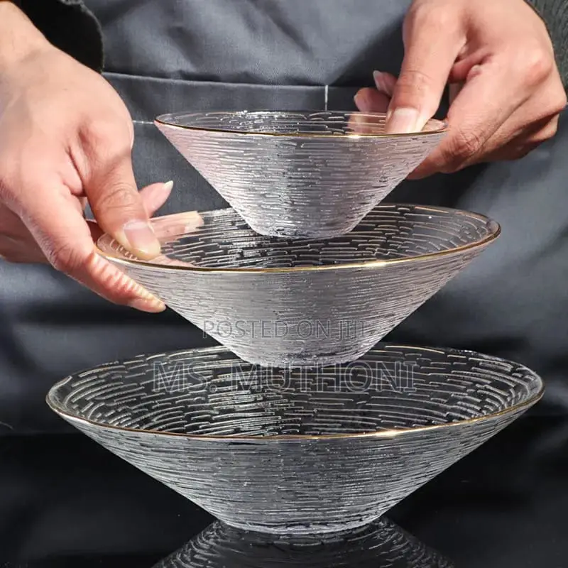 3pc Set Transparent Glass Plate Golden Edge Fruit Salad Dessert