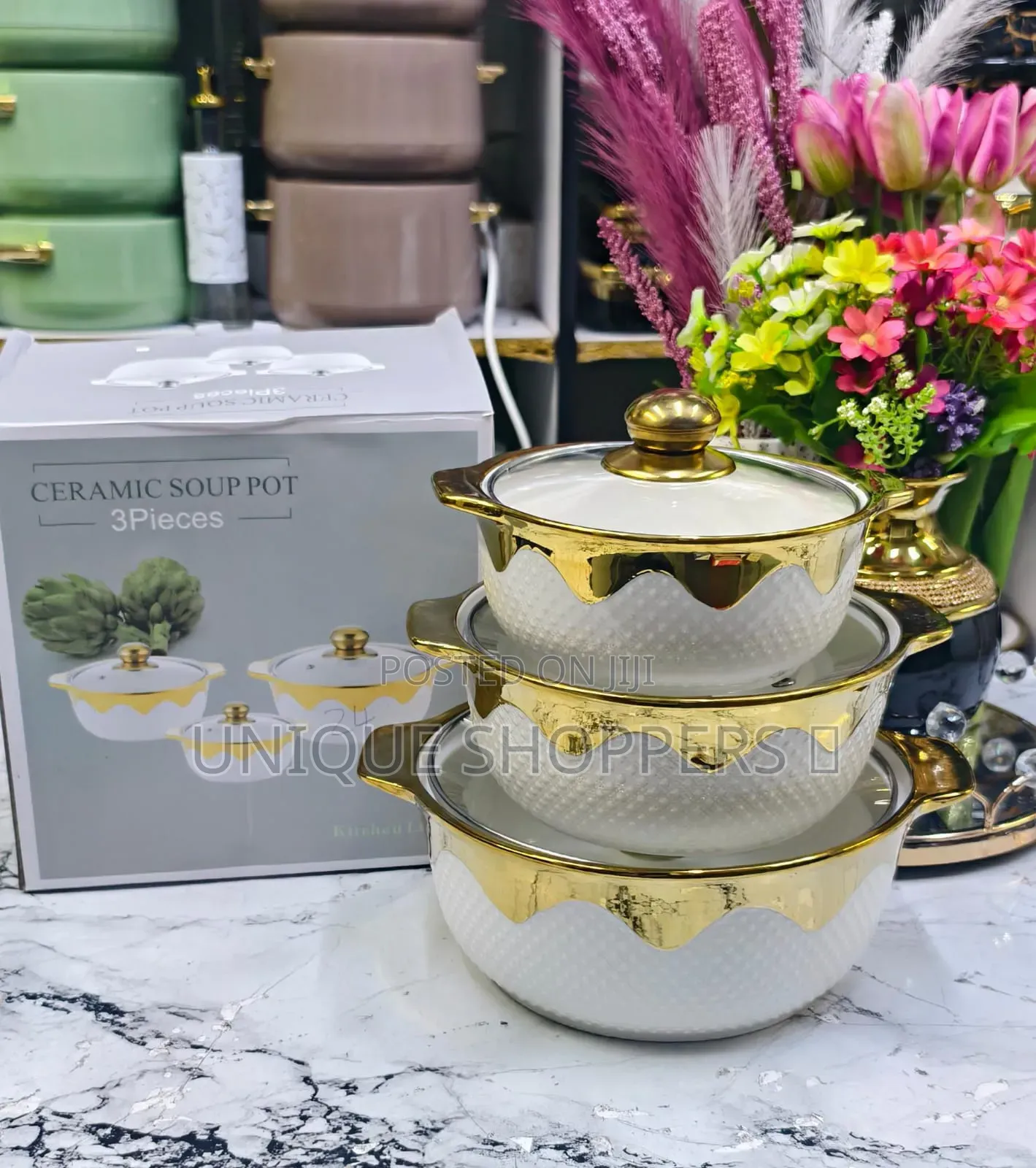 3pc Set Gold Ceramic Serving Dishes With Glass Cover