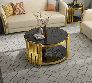 Home Table; Gold Metal Frame Black Tempered Glass Coffee Table
