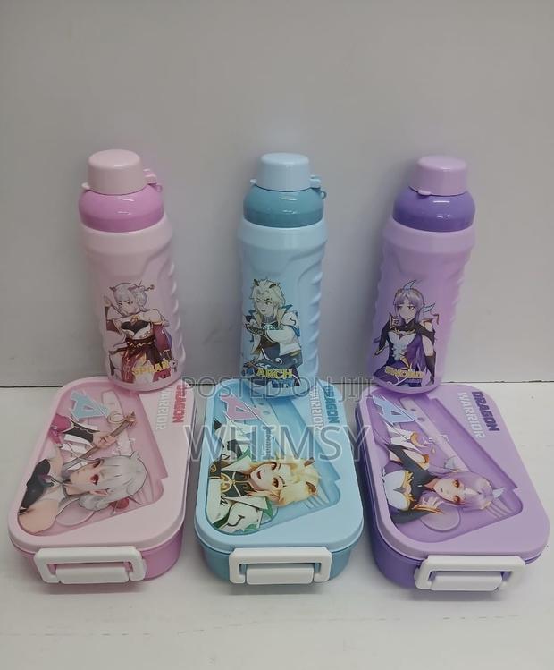 Cartoon-Themed Lunch Box and Water Bottle Sets.