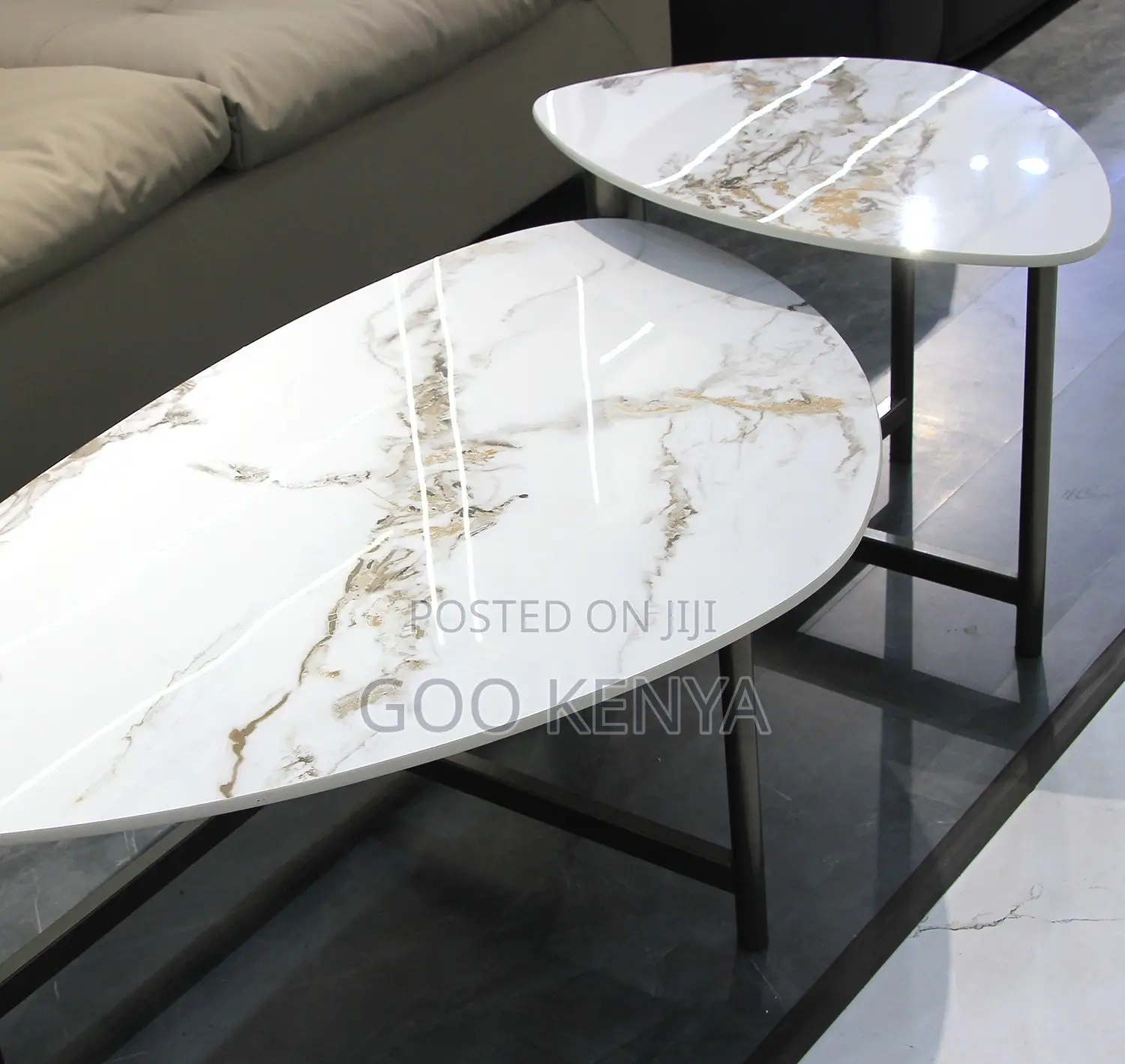 Home Table Set;Egg-Shaped Marble-Top Nesting Table Set With Metal Legs