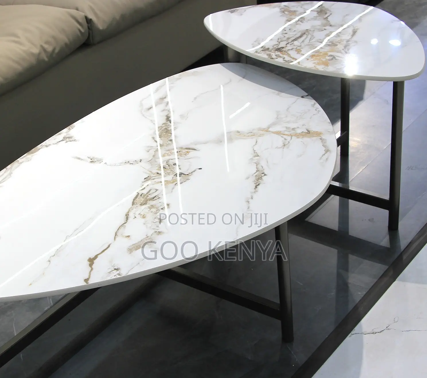 Home Table Set;Egg-Shaped Marble-Top Nesting Table Set With Metal Legs