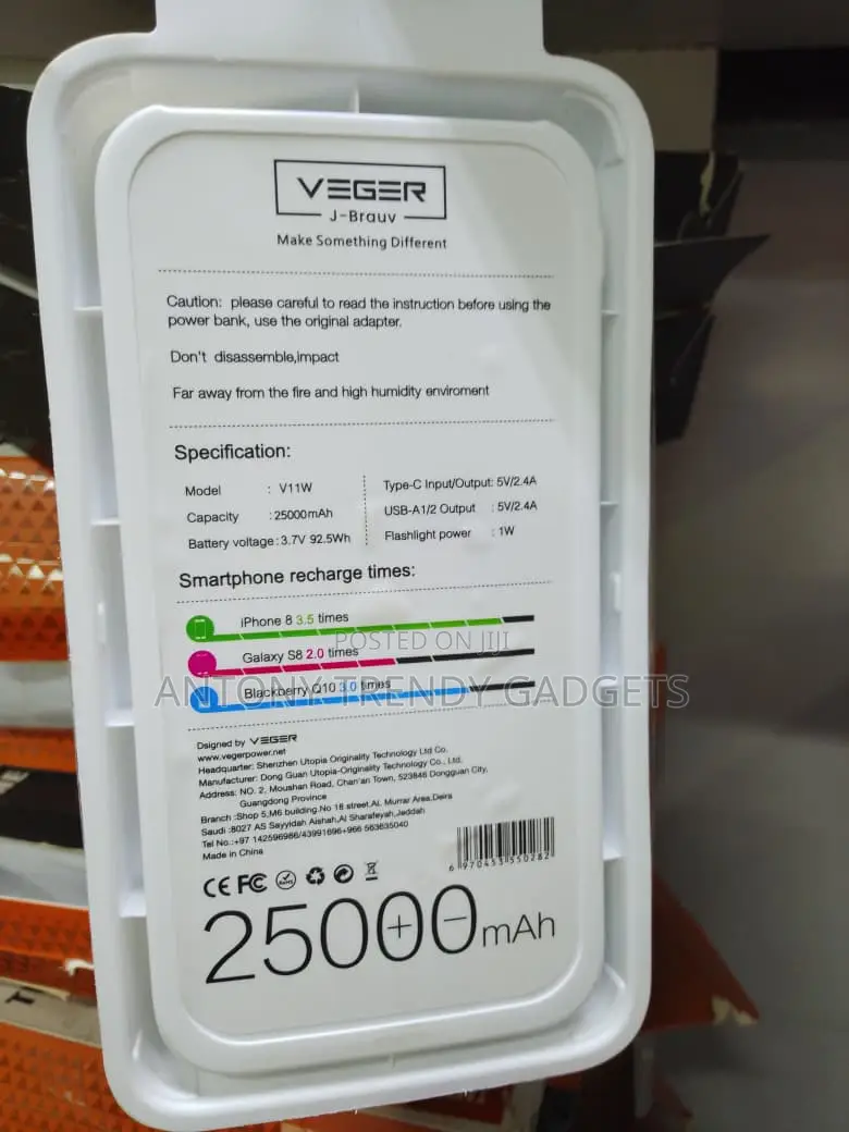 Veger V11w 25,000mah Portable Power Bank Dual Usb