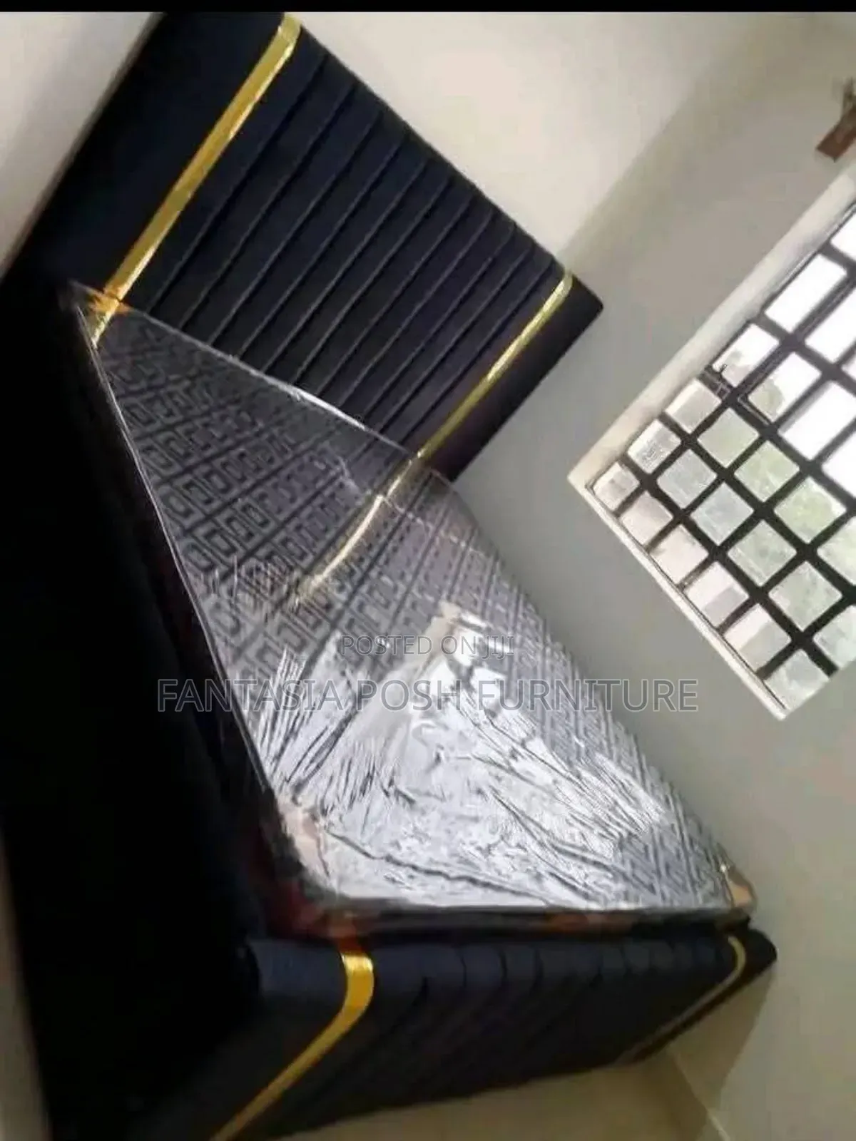 5x6 Black Upholstered Bed With Gold Trim