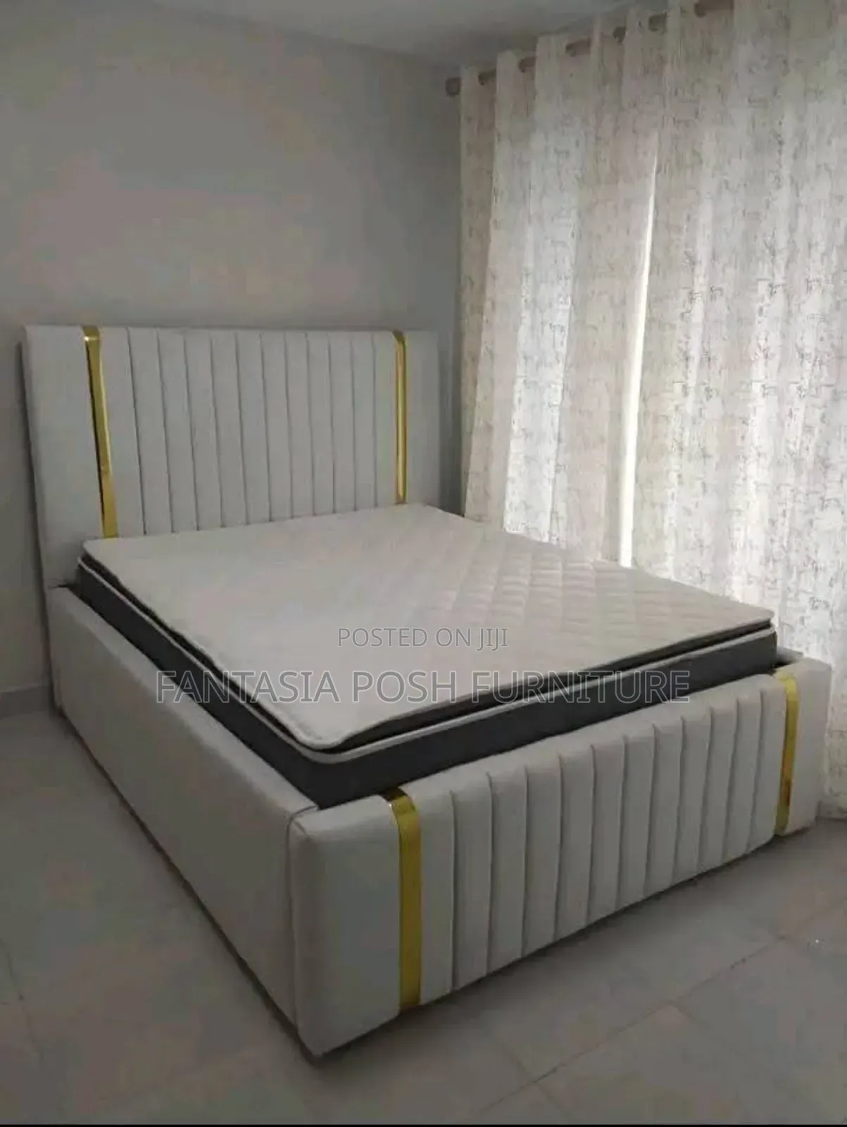 5x6 White Upholstered Bed With Gold Trim