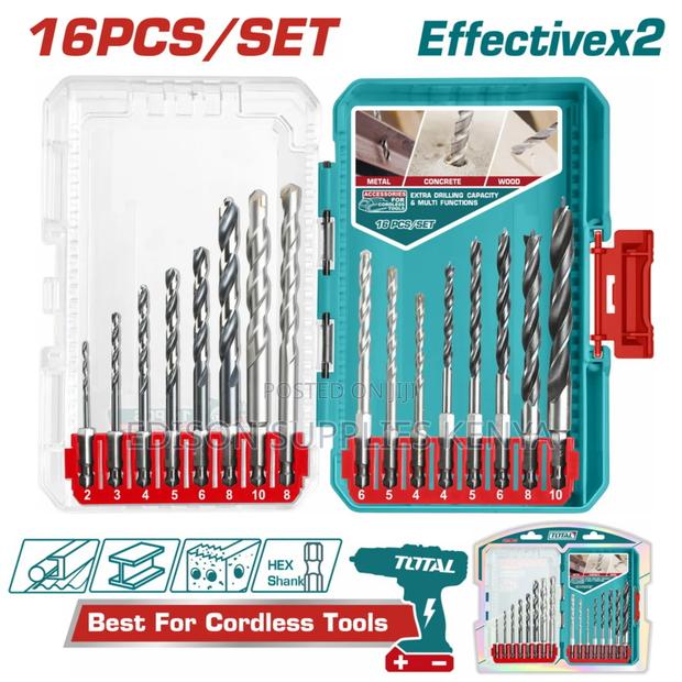 Drill Bits Total 16 Pc Metal, Masonry and Wood Drill Bits Set Assorted - main view