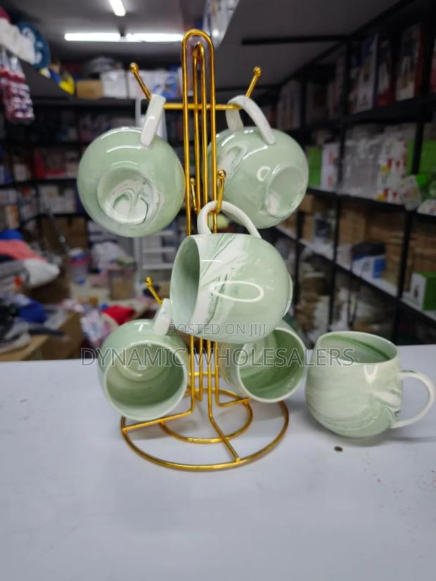 Set of 6 Green Marble Ceramic Coffee Mugs - main view