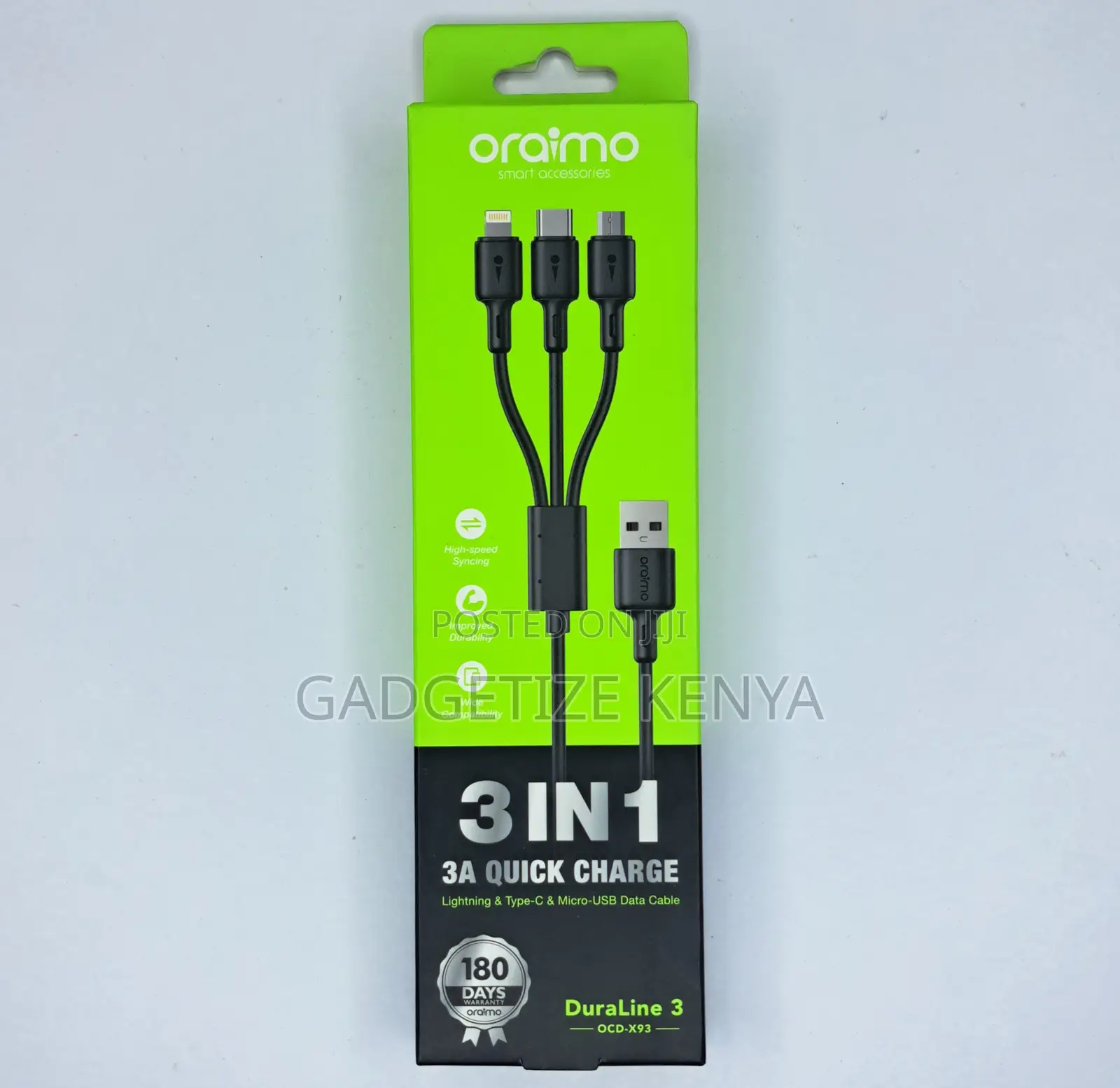 Oraimo 3-in-1 Usb to Micro Usb; Usb-C Lightning Cable (Ocd-X93)