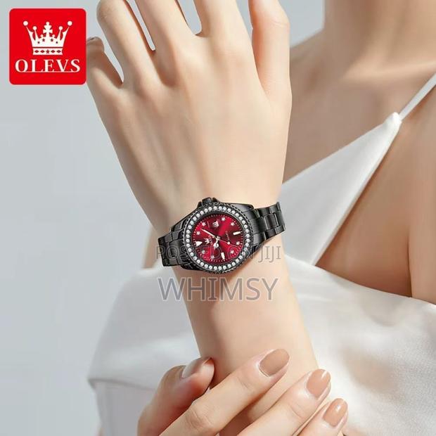 Black Olevs Women's Luxury Quartz Watch W/ a Red Dial Studdes Bezel - thumbnail 3