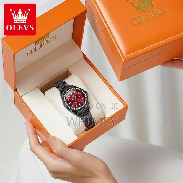 Black Olevs Women's Luxury Quartz Watch W/ a Red Dial Studdes Bezel - thumbnail 2
