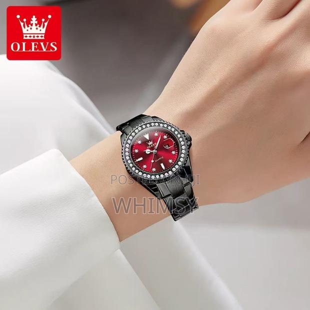 Black Olevs Women's Luxury Quartz Watch W/ a Red Dial Studdes Bezel - thumbnail 5