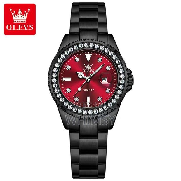 Black Olevs Women's Luxury Quartz Watch W/ a Red Dial Studdes Bezel - main view