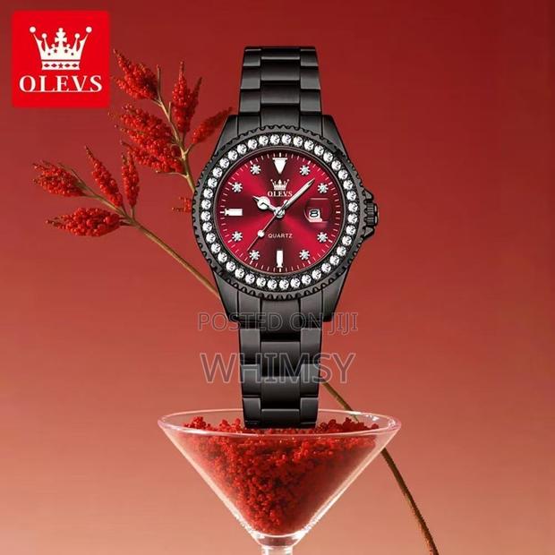 Black Olevs Women's Luxury Quartz Watch W/ a Red Dial Studdes Bezel - thumbnail 4