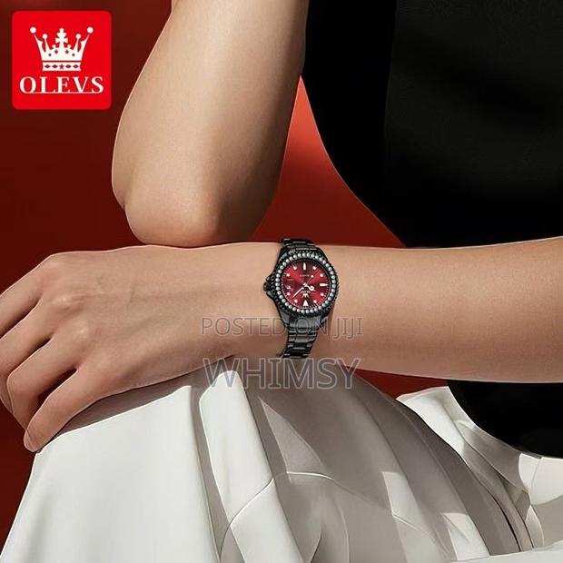 Black Olevs Women's Luxury Quartz Watch W/ a Red Dial Studdes Bezel - thumbnail 6