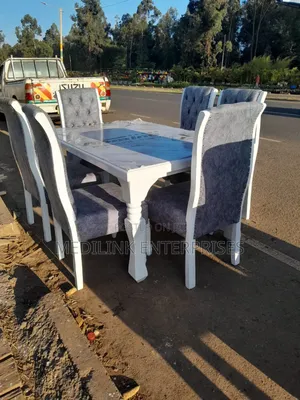 Whitish Upholstered 6-Seater Dinning Table Set