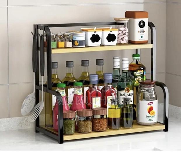 Two-Tier Stainless Steel Kitchen Storage Rack With Wooden Shelves. - main view