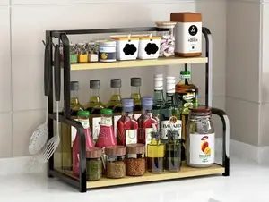 Two-Tier Stainless Steel Kitchen Storage Rack With Wooden Shelves.