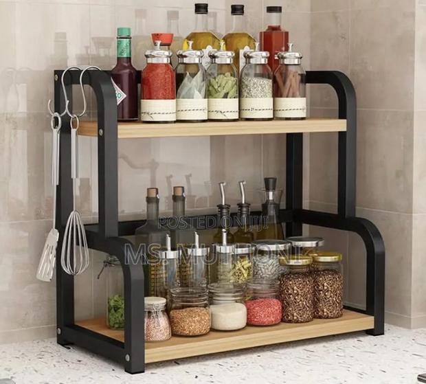 Two-Tier Stainless Steel Kitchen Storage Rack With Wooden Shelves. - thumbnail 3