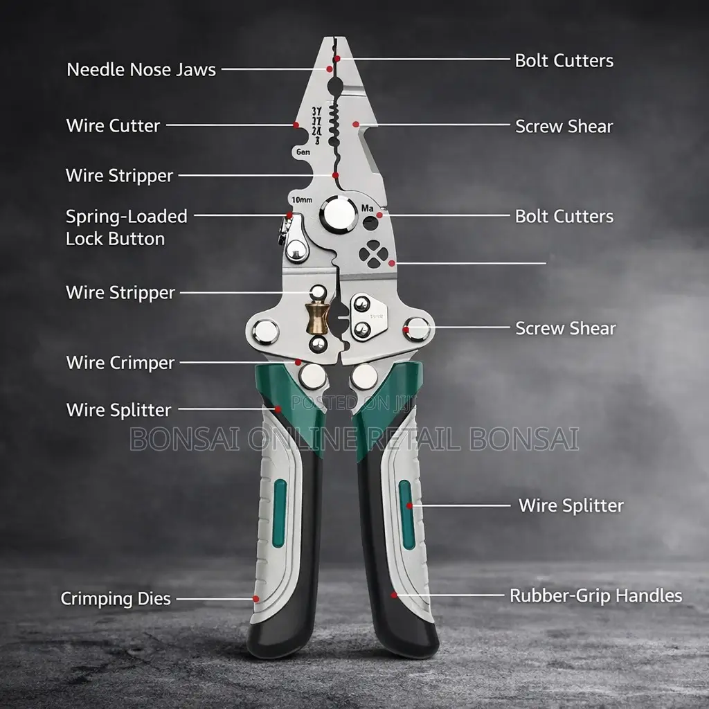 Folding Wire Stripper Crimper Cutter With Non-Slip Grip Handles