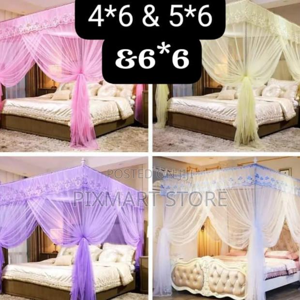 Elegant 4 Stand Rail Bed Mosquito Net – Pink Purple Cream Colors