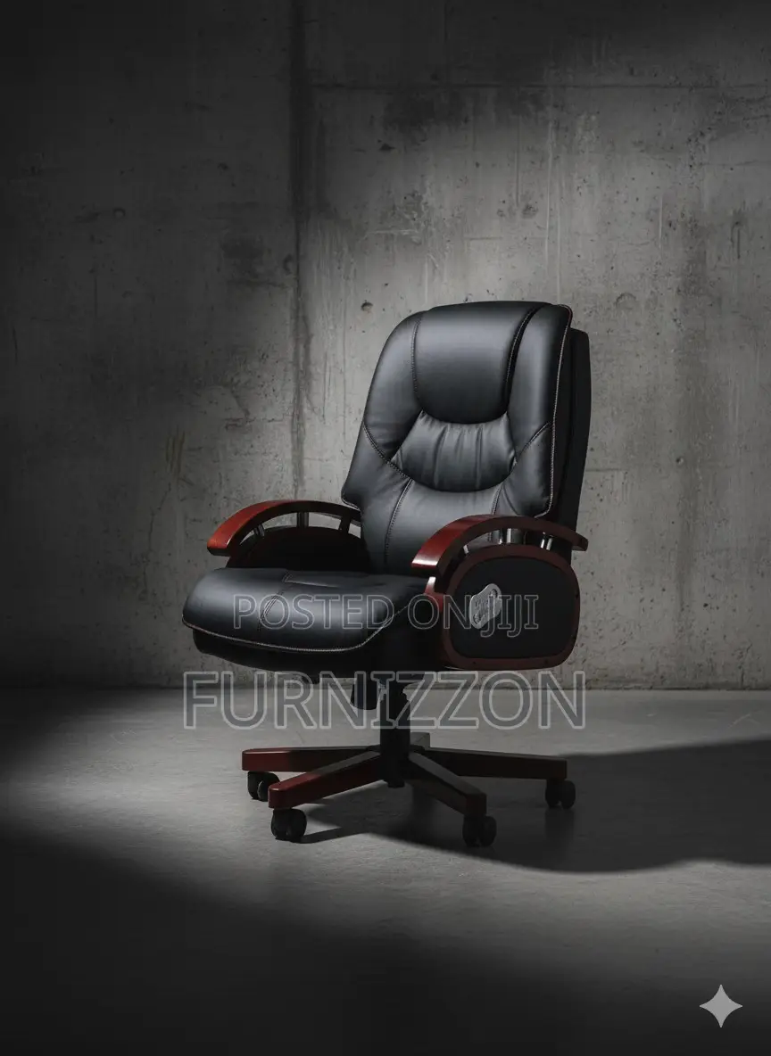 . Executive Wooden Frame Office Chair Black Leather Finish
