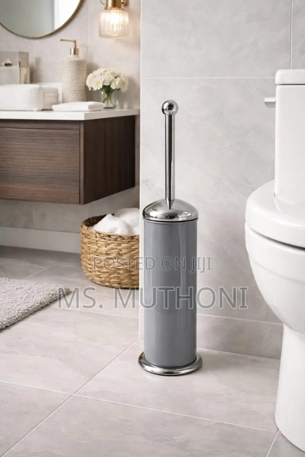 Discreet Toilet Brush and Holder With a Stainless Steel Handle.